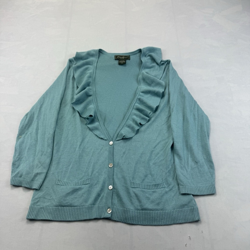 Eddie Bauer Silk Angora Ruffle Cardigan M Teal